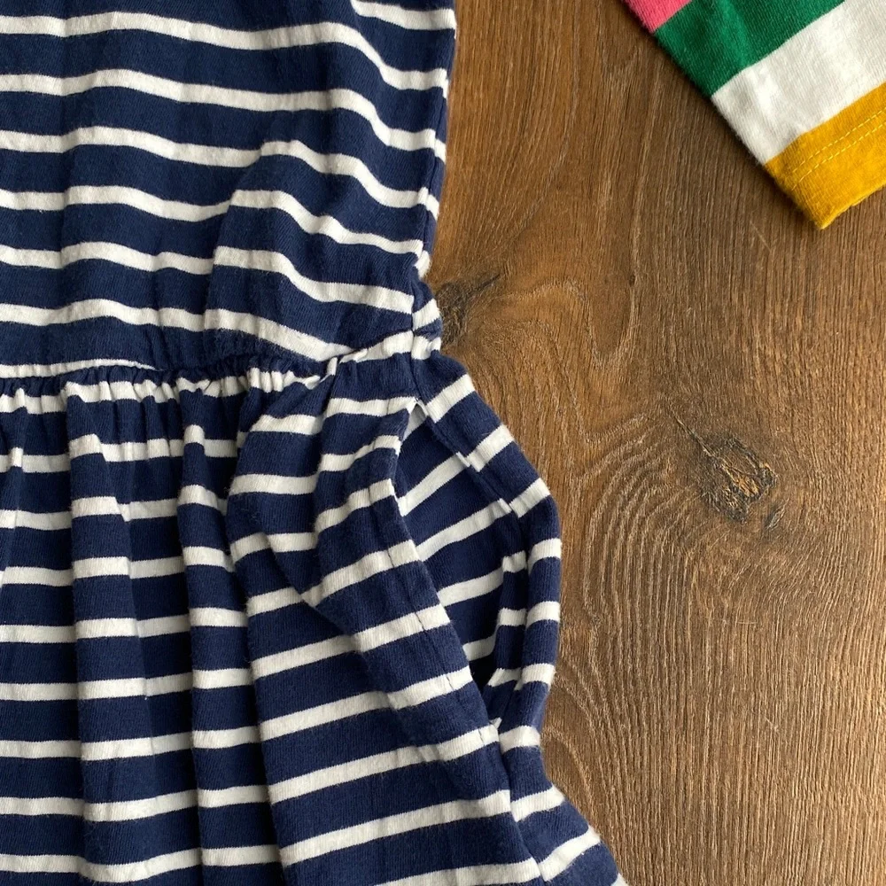 Mini Boden Girls Blue Stripe T-Shirt Dress Rainbow Sleeves Age 4–5 110cm
